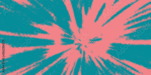 An eye-catching abstract background featuring a dynamic explosion or starburst effect created with halftone dot patterns. Bold pink shapes radiate from the center