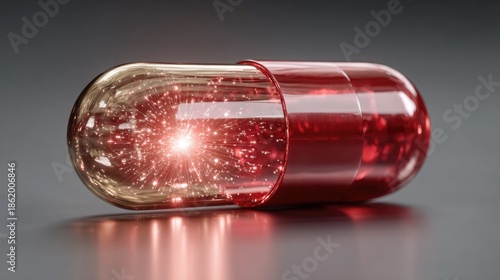 Futuristic Red Capsule with Glowing Energy Sparks Symbolizing Advanced Medicine and Innovation