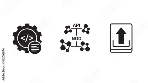 Coding icons in minimalist style with simple black lines on white background for software development