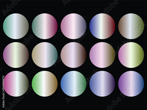 Three-by-five grid of fifteen metallic gradient circles on a black background