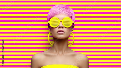 Vibrant Fashion Portrait: Woman with Pink Hair, Yellow Glasses, and Bold Striped Background