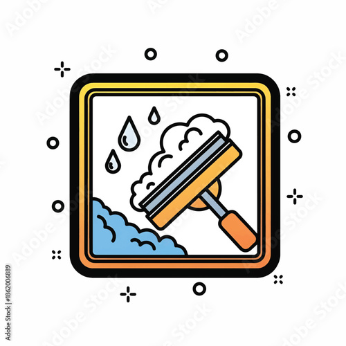 Squeegee cleaning a soapy window with water droplets and foam inside a rounded square frame &bubbles