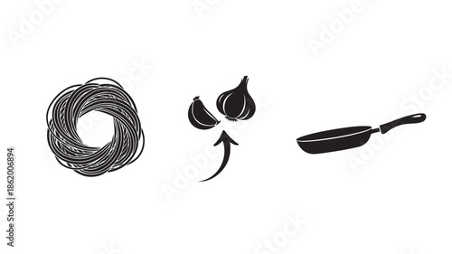 Garlic cloves with spaghetti and rolling pin in minimalist black and white illustration for cooking blog