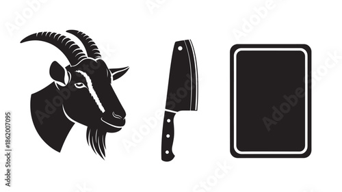 Goat head silhouette with butcher knife and cutting board in black and white graphic style for meat industry branding