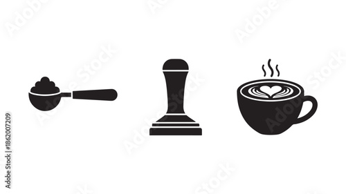 Coffee Icons Set in Simple Monochrome Design with Heart-Shaped Foam for Cafe Branding
