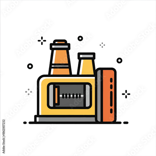 Stylized vector illustration of two bottles in a rectangular carrier with orange side compartments