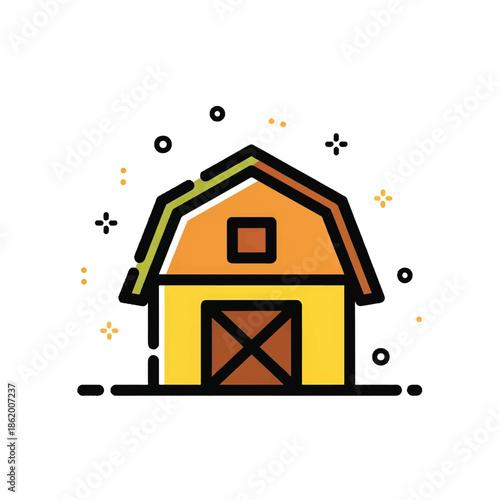 Stylized yellow barn with orange gambrel roof, central X-door, loft window and decorative dots spark