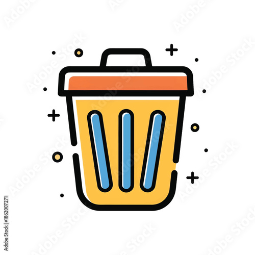 Stylized yellow trash basket with orange lid, three blue panels, thick black outline, scattered dots