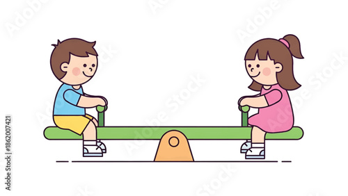 Two smiling children sit opposite on a green seesaw at a playground, simple pastel illustration art