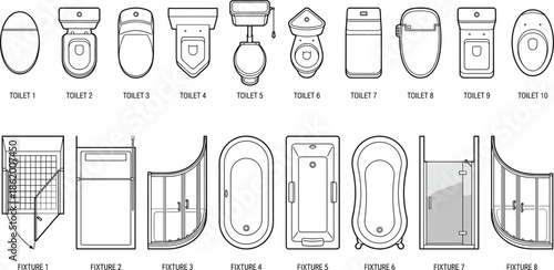 Bathroom toilet and bathtub fixture collection, technical line drawings of sanitary ware layouts, plumbing equipment icons, interior design architecture engineering blueprint set vector illustration