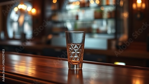 highball. Elegant wooden bar counter with a highball glass, highlighted by moody ambient lighting and blurred backbar. bar promotions.
