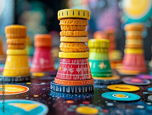 Abstract close-up of board game pieces creates colorful and stimulating visual intrigue