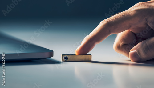 Finger pressing hardware security key token near laptop for secure authentication