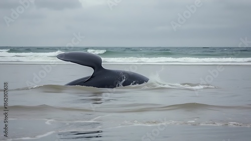 motherliness. Beached whale with tail fin splashing in shallow water under overcast sky. wildlife magazines, conservation campaigns, designed for eco-tourism storytelling.