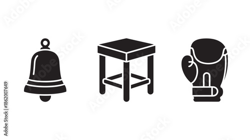 Simple icons of bell, table, and boxing glove in minimalist style with solid black color on white background for graphic design