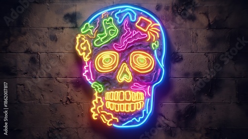 Colorful Neon Skull Art Against Textured Brick Wall light Photo