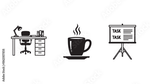 Office workspace with steaming coffee cup and task list on presentation board in simple line art style with monochrome color scheme for productivity illustration