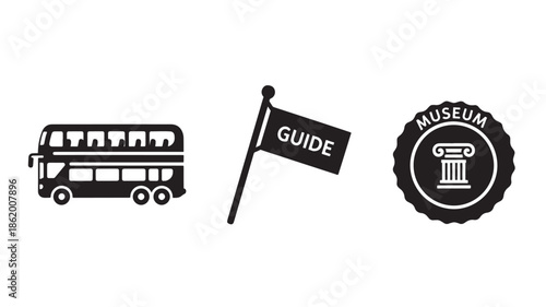 Tour bus with guide flag and museum stamp in simple flat design for travel and tourism