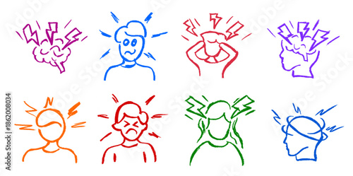 Head Pain Dizziness Related Icon Crayon Chalk Drawing Doodle Vector Set