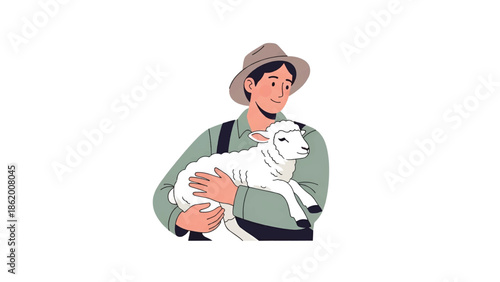 Young farmer in a wide hat gently cradles a sleepy white lamb, smiling with calm affection and pride