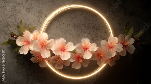 Delicate Pink Flowers Encircling a Golden Ring on Textured Surface blossoms petals Photo