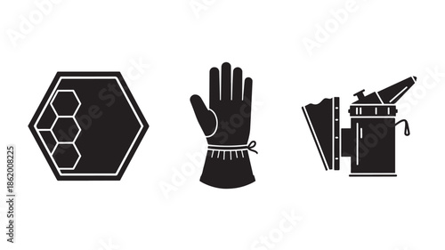 Beekeeping icons in minimalist style with black silhouettes on white background for apiary branding
