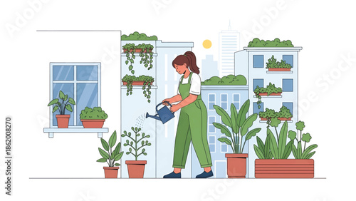 Young woman in green overalls waters potted plants on an urban balcony surrounded by planters today!