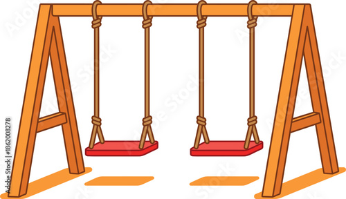 Colorful playground swing set illustration, wooden frame kids outdoor play equipment, empty swings isolated on white background, vector cartoon style educational park childhood fun