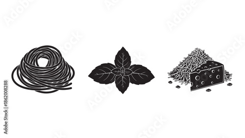 Black Cable, Leaf, and Coffee Beans Illustration in Simple Monochrome Style with High Contrast Lighting on White Background for Packaging Design