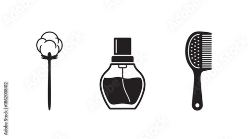 Cotton, perfume bottle, and hairbrush in minimalist line art style with black color on white background for beauty and grooming