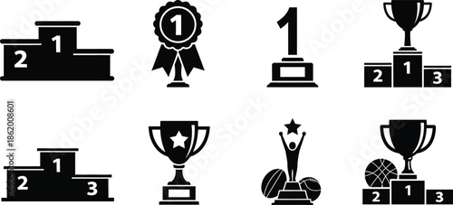 Black and white icons depicting winning podiums trophies and awards