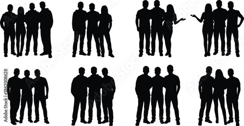 A collection of black silhouette figures depicting groups of people standing together
