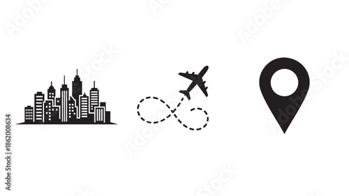 Travel icons set in modern minimalist design with black silhouettes on white background for web graphics