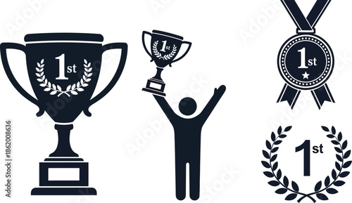 A collection of winning symbols trophies a medal and a victorious figure