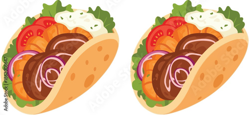Two colorful tacos filled with meat vegetables and creamy white sauce