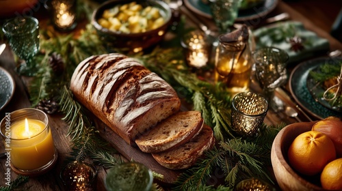 Holiday Table Setting with Artisan Bread and Candlelight