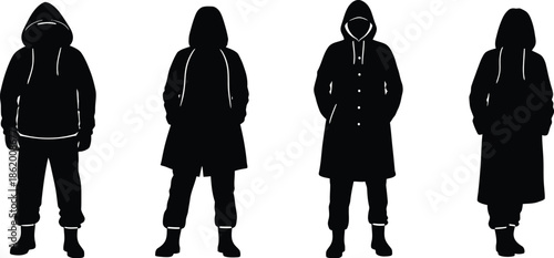 Four silhouettes of people wearing hooded jackets and winter clothing