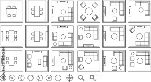 Modern furniture layout floor plan icons set, interior design blueprint symbols, living room dining room office layouts, architectural vector illustration collection