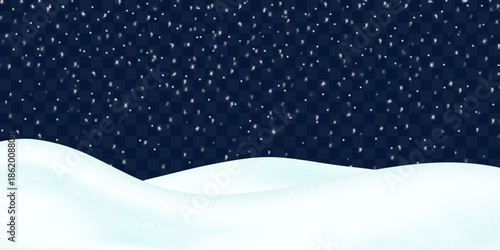 Snowdrifts. Winter realistic landscape. Sparkling fluffy white snowy hills. Realistic 3d vector on transparent background.