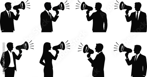 Group of people using megaphones black silhouettes on a white background