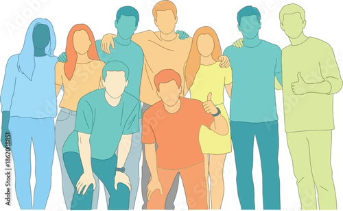 A diverse group of people standing closely together illustrated in vibrant colors