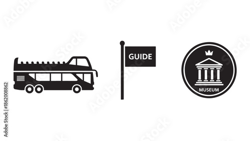Tour Bus Guide Museum Icon Set in Simple Monochrome Design with Clean Lines and Minimalist Aesthetic for Travel and Tourism
