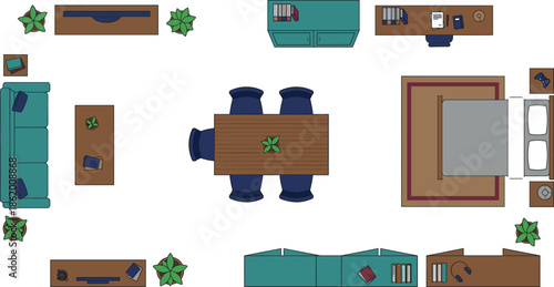 Top view modern apartment floor plan with living room bedroom kitchen dining furniture layout interior design blueprint illustration concept