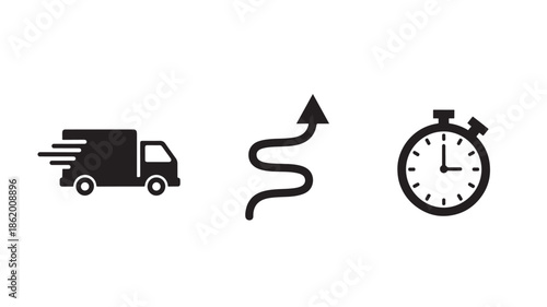 Delivery Truck with Speeding Arrow and Stopwatch in Simple Monochrome Design for Logistics Branding
