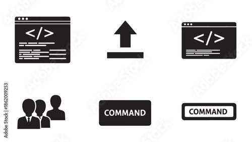 Coding interface icons in modern minimalist style with black color scheme and simple flat design for software development