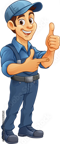 A handyman, mechanic or painter decorator mascot man. Or perhaps an electrician, plumber or gardener giving a thumbs up and pointing, Could also be a window cleaner.