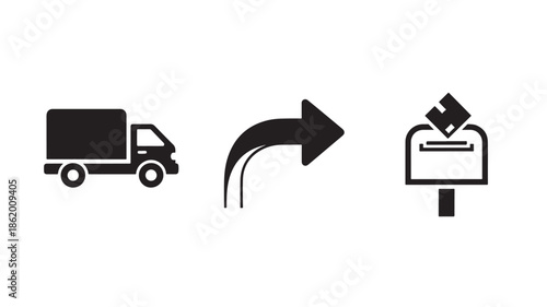 Delivery Truck with Arrow and Mailbox Icon in Simple Flat Design with Black Color on White Background for Digital Marketing