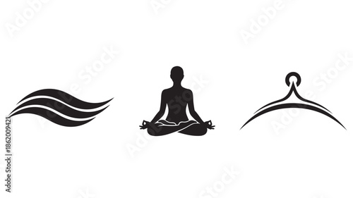 Yoga Silhouette with Abstract Waves and Hanger Icon in Simple Black Design on White Background for Wellness Branding