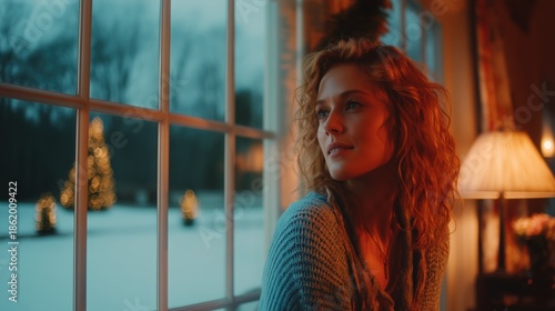 Woman Looking Out Window at Snowy Christmas Evening
