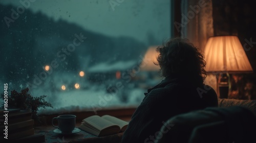 Cozy person reading by window during cold snowy night